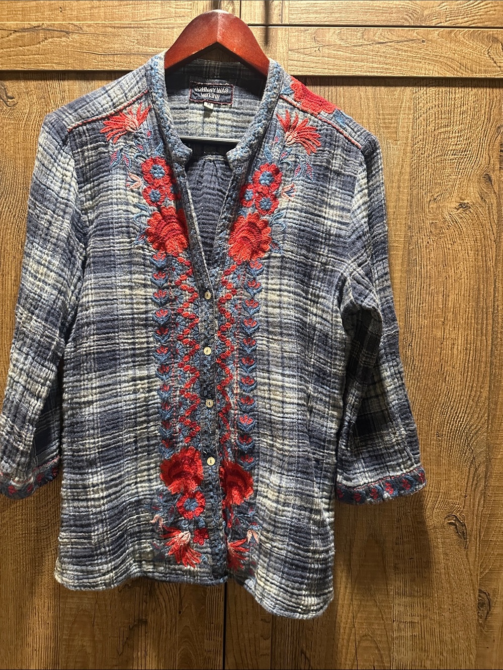 Johnny Was Blue Plaid Button-Front Top with Red Floral Embroidery